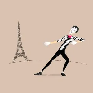 Illustration of a street mime pretending to pull the Eiffel Tower