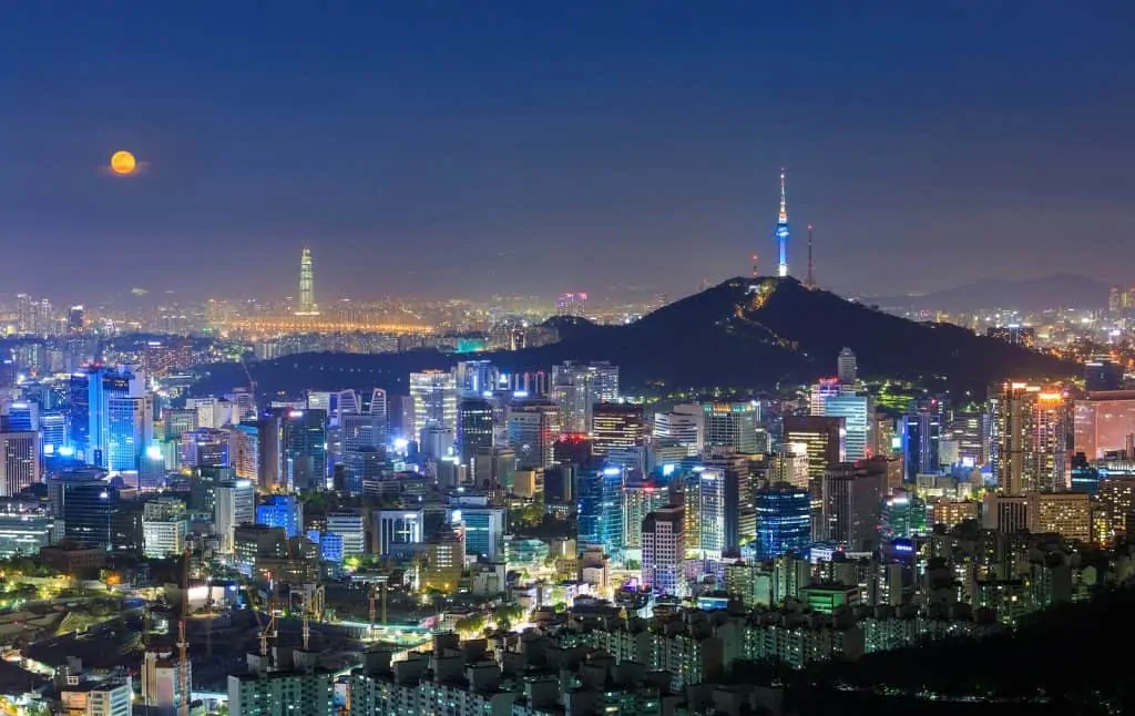 Skyline of Seoul at night with Namsan Tower in the background