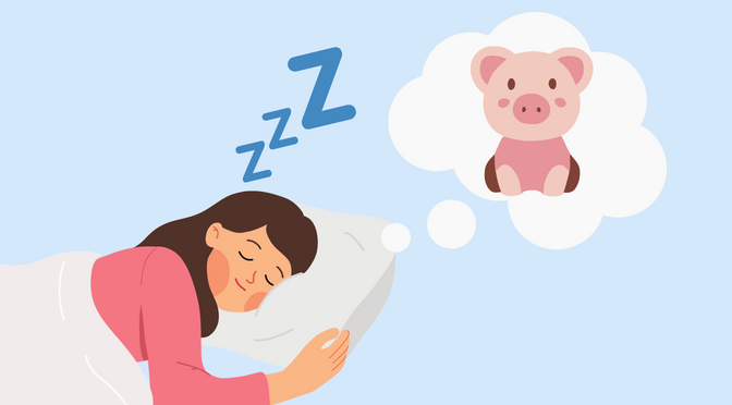 A girl sleeping while dreaming of a pig