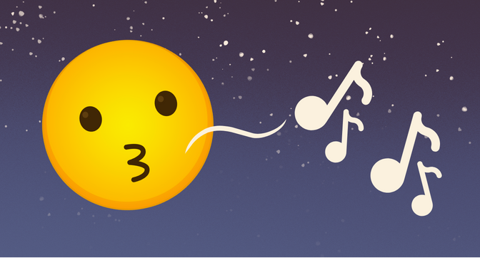 a whistling emoticon with musical notes