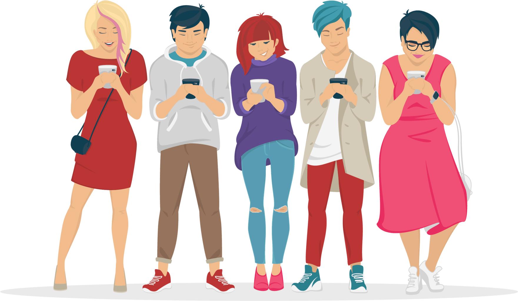 5 Adolescents happily using smartphones