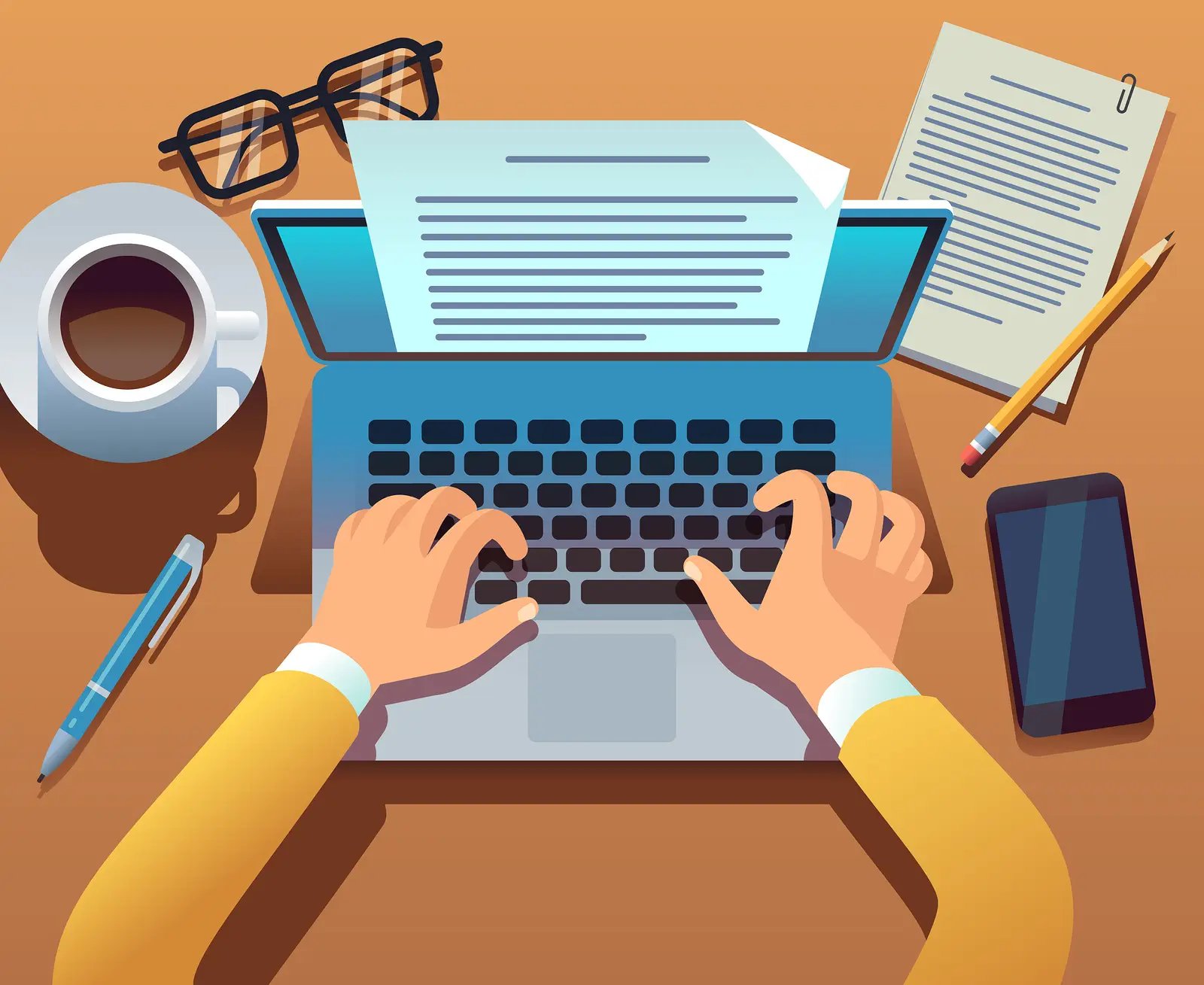 Illustration of someone typing on a computer with a coffee glasses and a smartphone on the table nearby