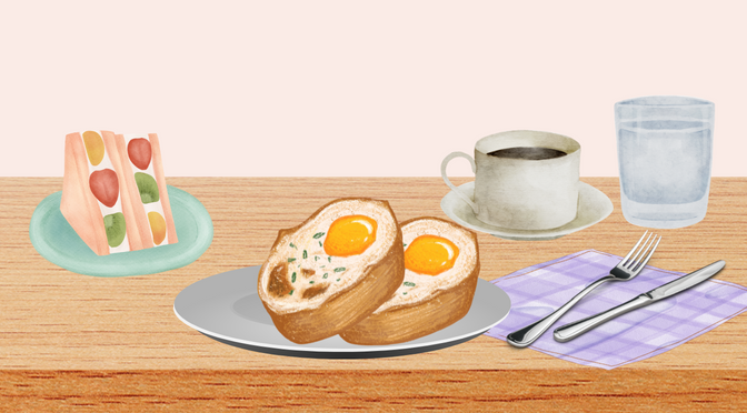 A slice of cake, two egg breads, coffee, water, and a fork and knife