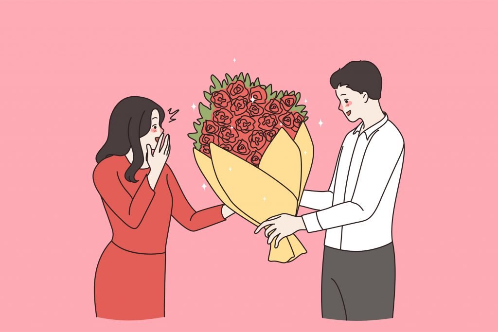 Man Give Flowers Congratulate Happy Woman Lover For Valentine Da