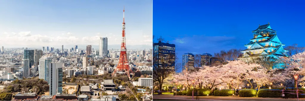 Picture of Tokyo skyline on the left and Osaka Castle on the right