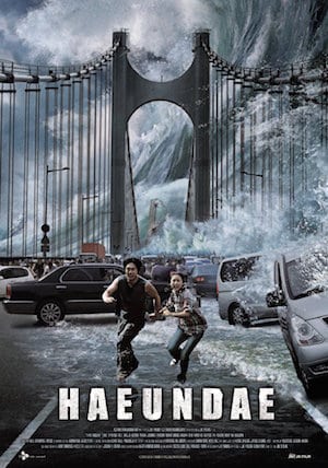 Movie Poster of Haeundae showing a huge tsunami over a bridge