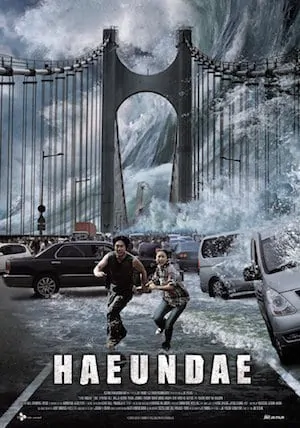 Movie Poster of Haeundae showing a huge tsunami over a bridge