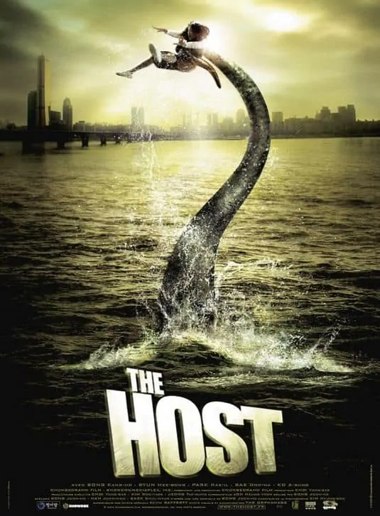 Movie Poster for The Host with a monster emerging from the sea grabbing a girl