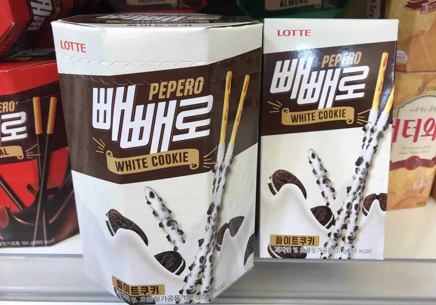 Two styles of boxes of Lotte Pepero White Cookie at Seoul Supermarket