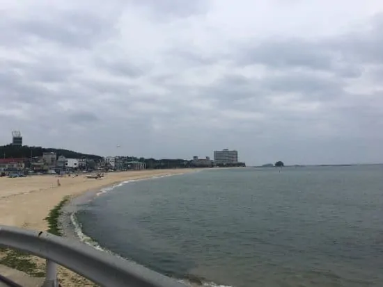 Picture of a beach with few buildings from a far on a gloomy day
