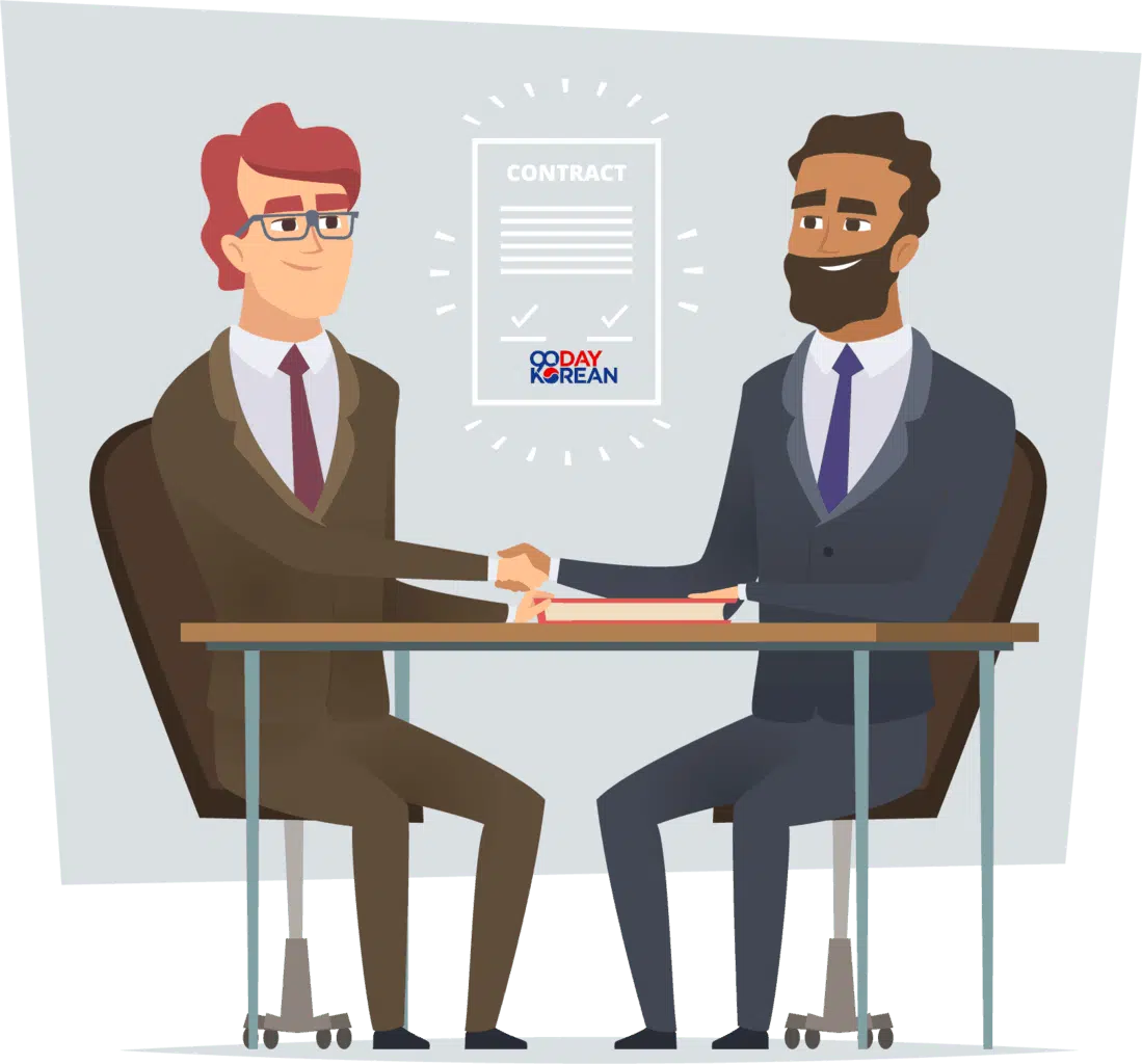 illustration of two businessmen having signed a contract sitting across from each other and shaking hands