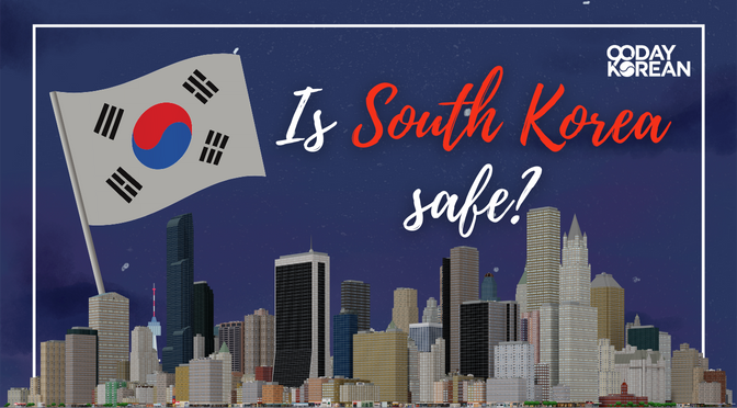 The flag of South Korea with tall buildings and the city view below it