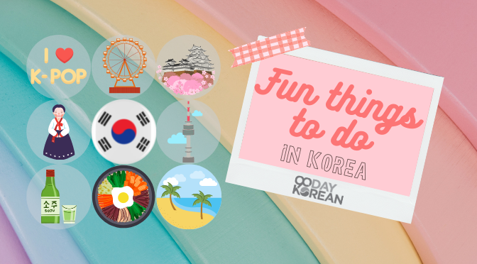 i love kpop, Ferris wheel, Korean palace, hanbok, Korean flag, Namsan tower, Soju, Bibimbap, beach