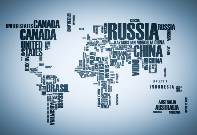 World map: countries in wordcloud