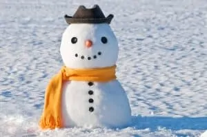 Snowman wearing a yellow scarf and a grey hat