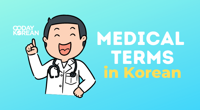 A smiling doctor pointing up beside a text saying Medical Terms in Korean