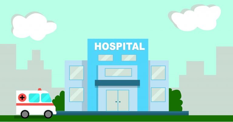 Medical concept with hospital building and ambulance car in flat style. Vector.