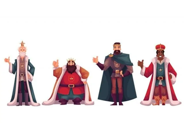 4 clay figures wearing different king costumes