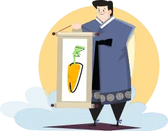 Man in Korean traditional hanbok clothing holding a scroll with a picture of a carrot on it