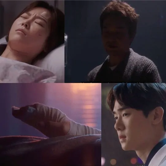 Picture of Doctor Kim looking at Yoon Seo-jung lying on the hospital bed and doctor Kang Dong-joo