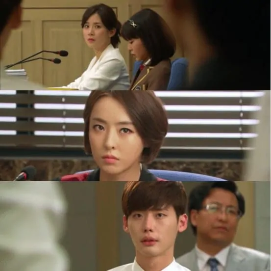 Photos of Jang Hye-sung defending Soo-bin, Doyeon prosecuting the Soo-bin and Park Soo-ha at the audience