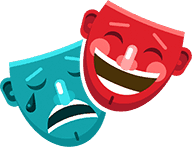 A teal mask crying and a red mask laughing