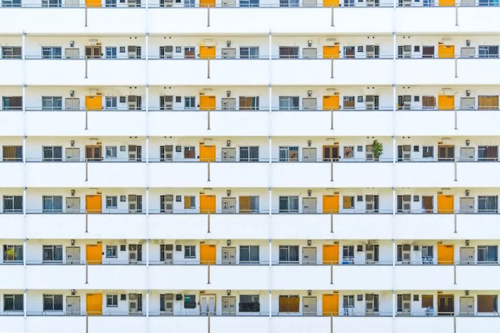 Apartment building with orange doors