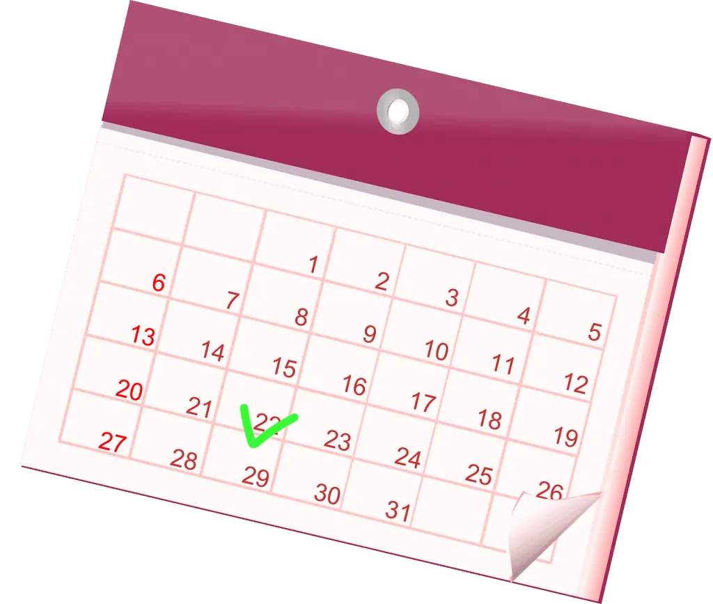 Purple calendar illustration with a green check mark on 22