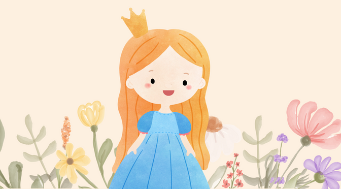 A princess wearing a blue dress with flowers behind her