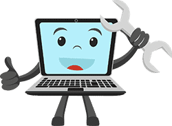 Illustration of a laptop computer holding a wrench