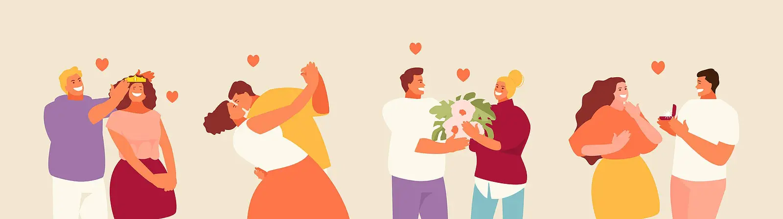 Illustration of 4 different couples in romantic situations