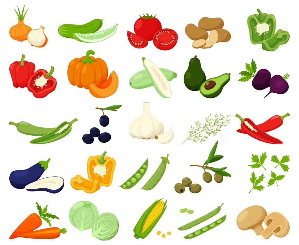 Large set of fresh vegetables, pumpkin, avocado, chili. Whole and half. collection of decorative cliparts for food design, recipes, menus, icons.Flat vector illustration, isolated on white background