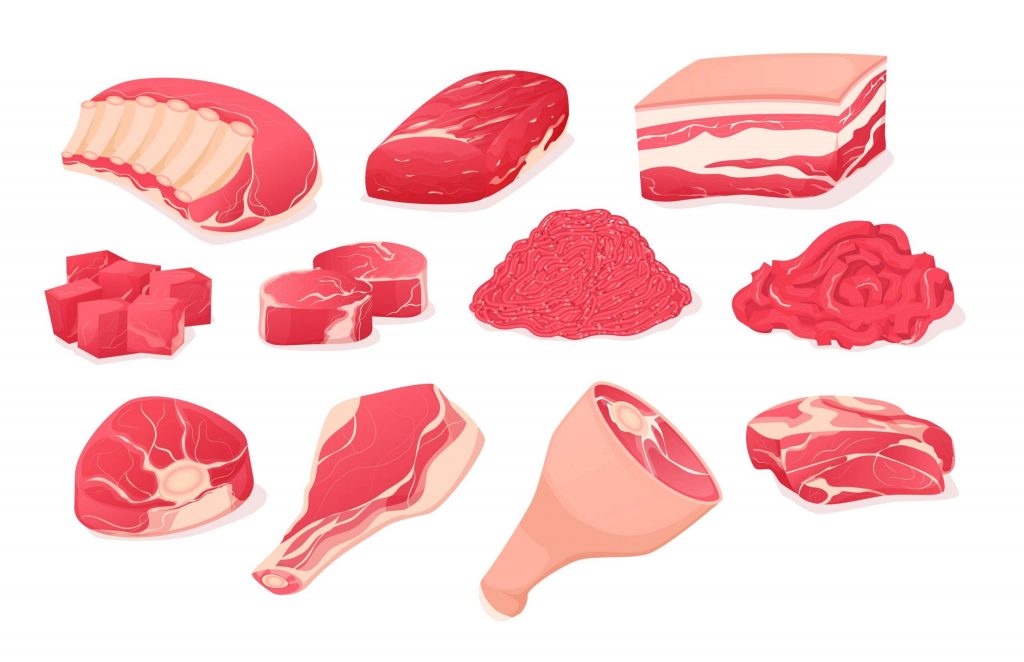 Set fragments of pork, beef meat. Assortment of meat slices.
