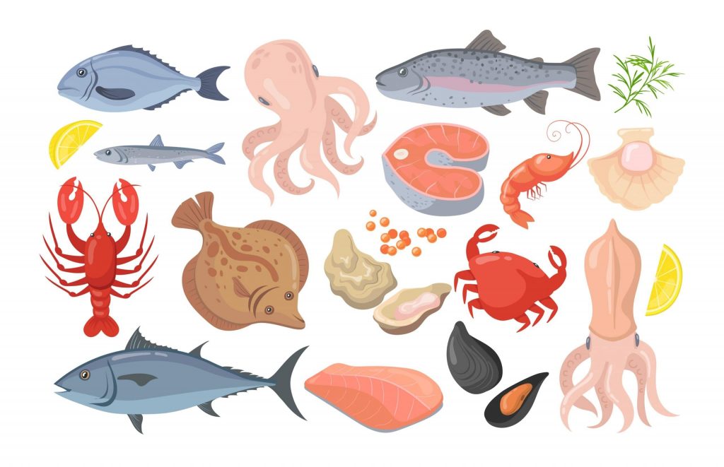 Trendy Seafood Flat Pictures Collection. Cartoon Mussel, Fish, S
