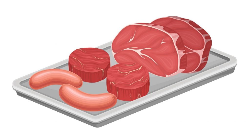 Meat Product With Beef Slab And Sausage Products Rested On Metal