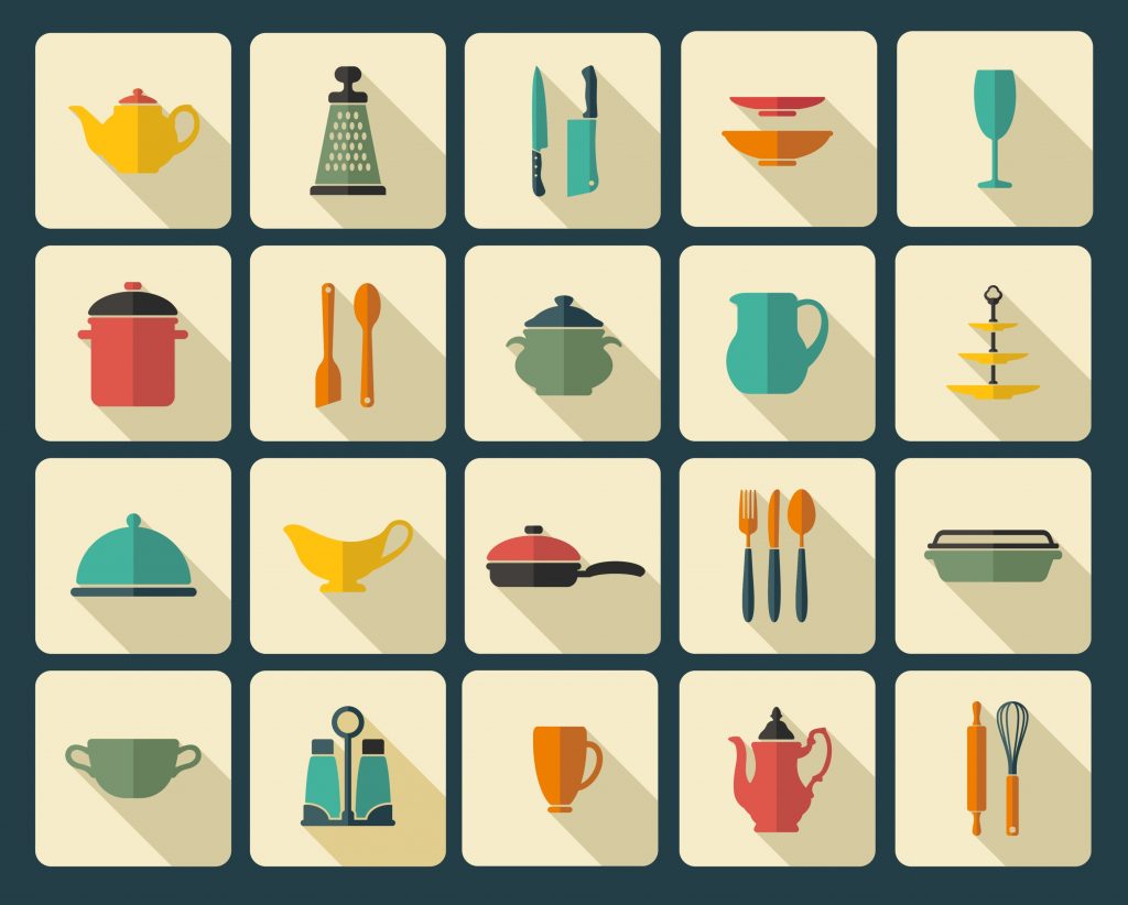 Icons of kitchen ware and utensils. Vector illustration