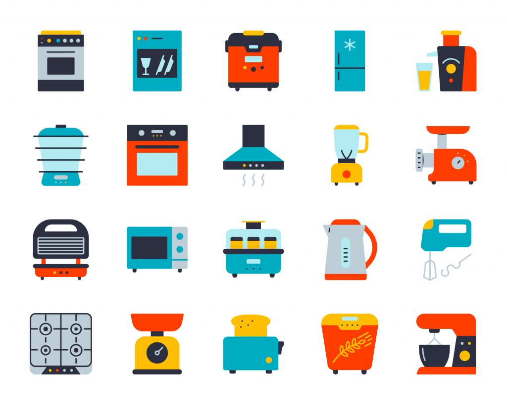 Kitchen Appliance flat icons set. Web sign kit of equipment. Electronics pictogram collection includes blender, juicer, gas. Simple kitchen cartoon colorful icon symbol isolated. Vector Illustration