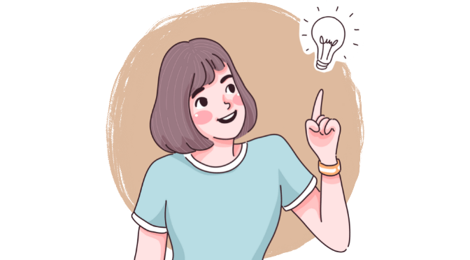 A girl pointing upwards while looking at a light bulb