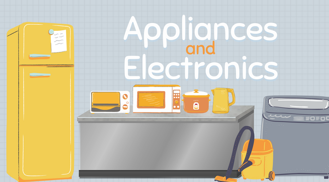 A refrigerator, oven, microwave rice cooker and kettle, vacuum cleaner, washing machine