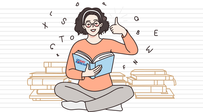 A girl wearing glasses sitting on the ground with her left thumb up, and piles of books behind her