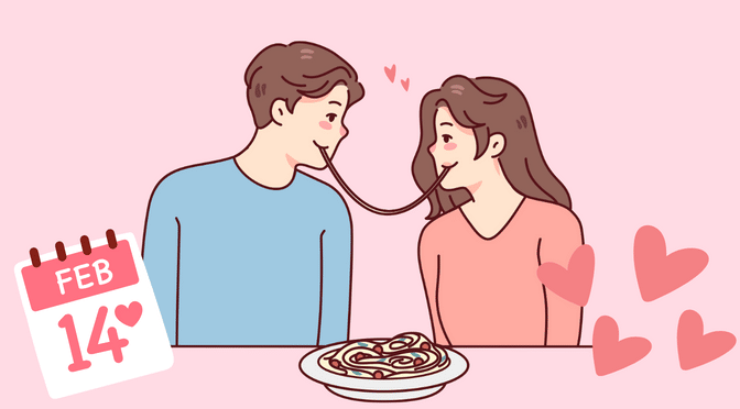 A man and a woman sharing a strand of pasta, a plate of spaghetti, and a calendar in front of them