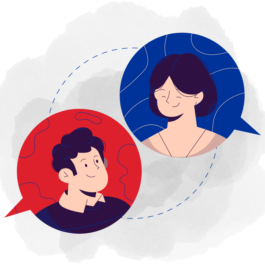 Smiling man and woman inside chat bubbles