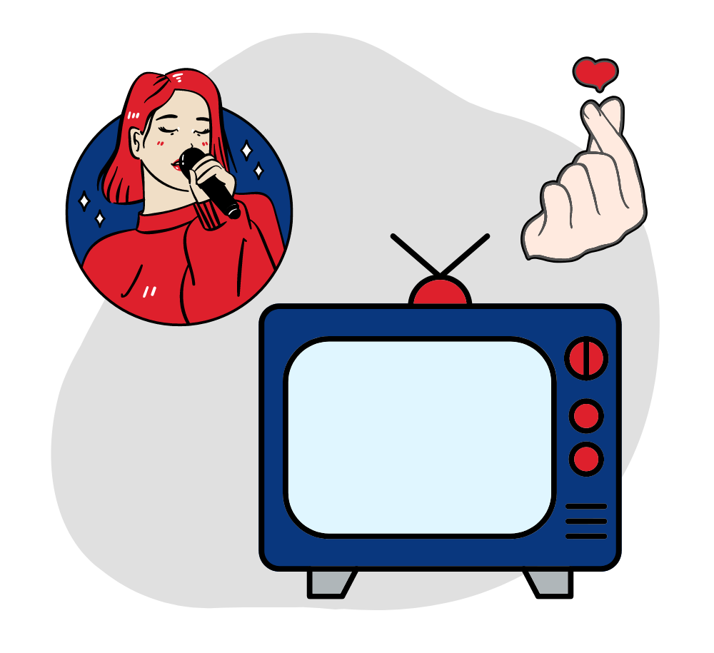 Image with television, woman singing and finger heart