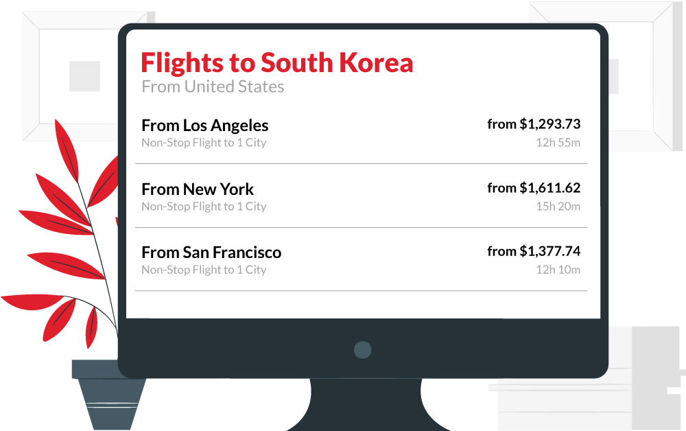 desktop monitor displaying flights to South Korea
