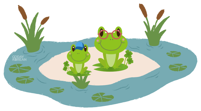 A baby frog and mama frog in the middle of a lake
