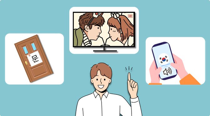 A guy pointing upwards to a door, a TV that shows a couple, and a hand holding a phone